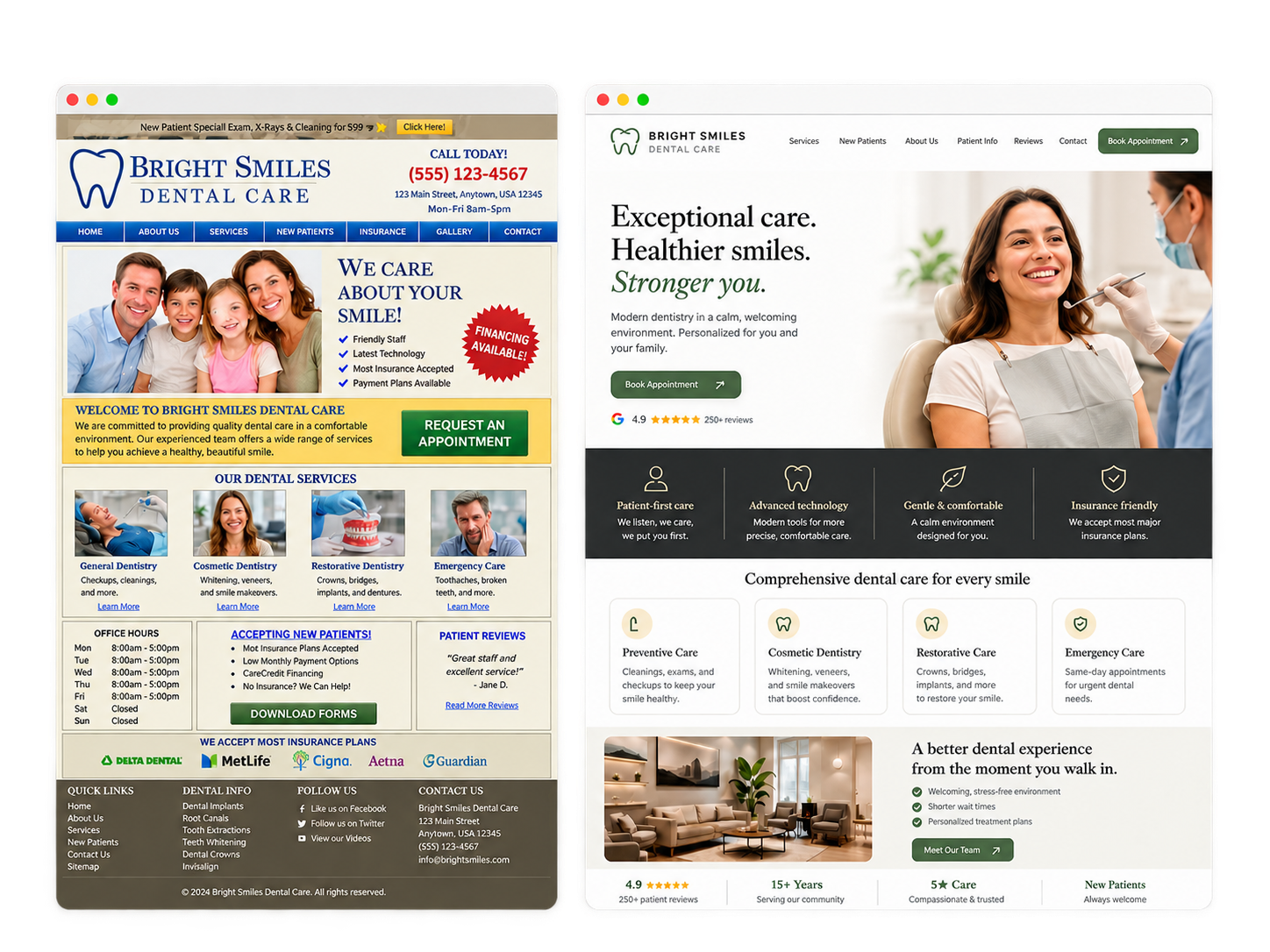 Before and after concept redesign for Bright Smiles Dental Care